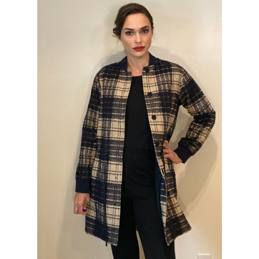 Cacharel Cotton Blend Car Coat RL Inspired Navy White Check Equestrian Sz M Est